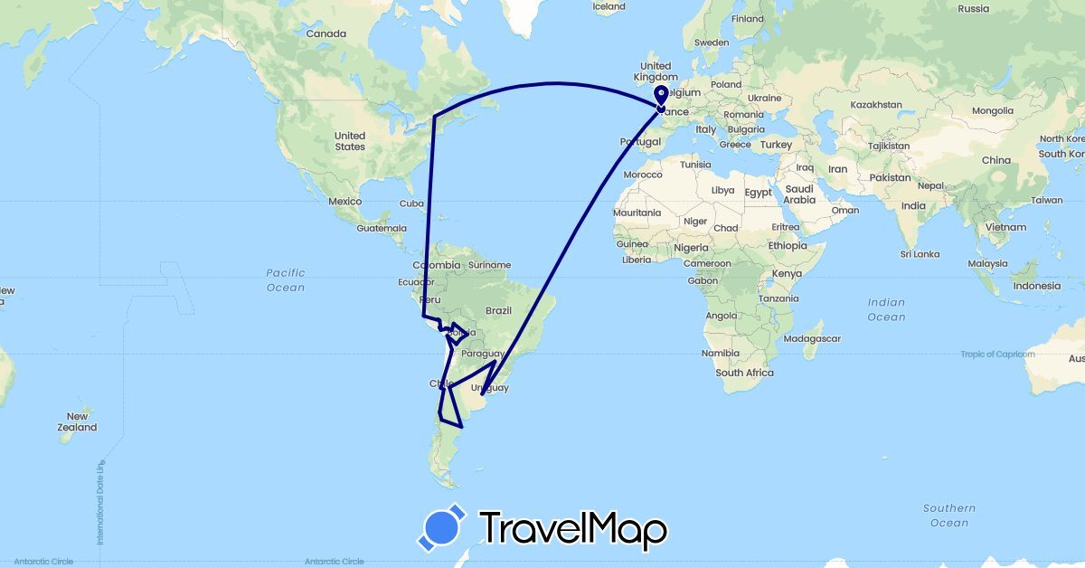 TravelMap itinerary: driving in Argentina, Bolivia, Brazil, Canada, Chile, France, Peru (Europe, North America, South America)